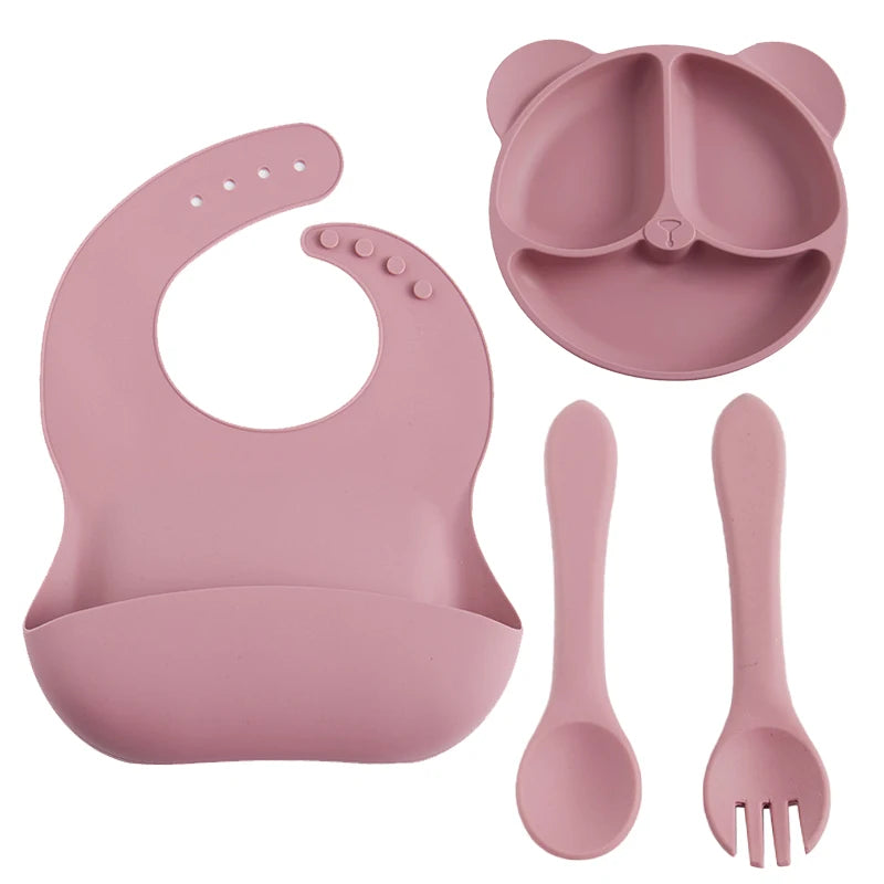 5pcs set with suction plate, spoon, fork, bib & removable straw BASIC