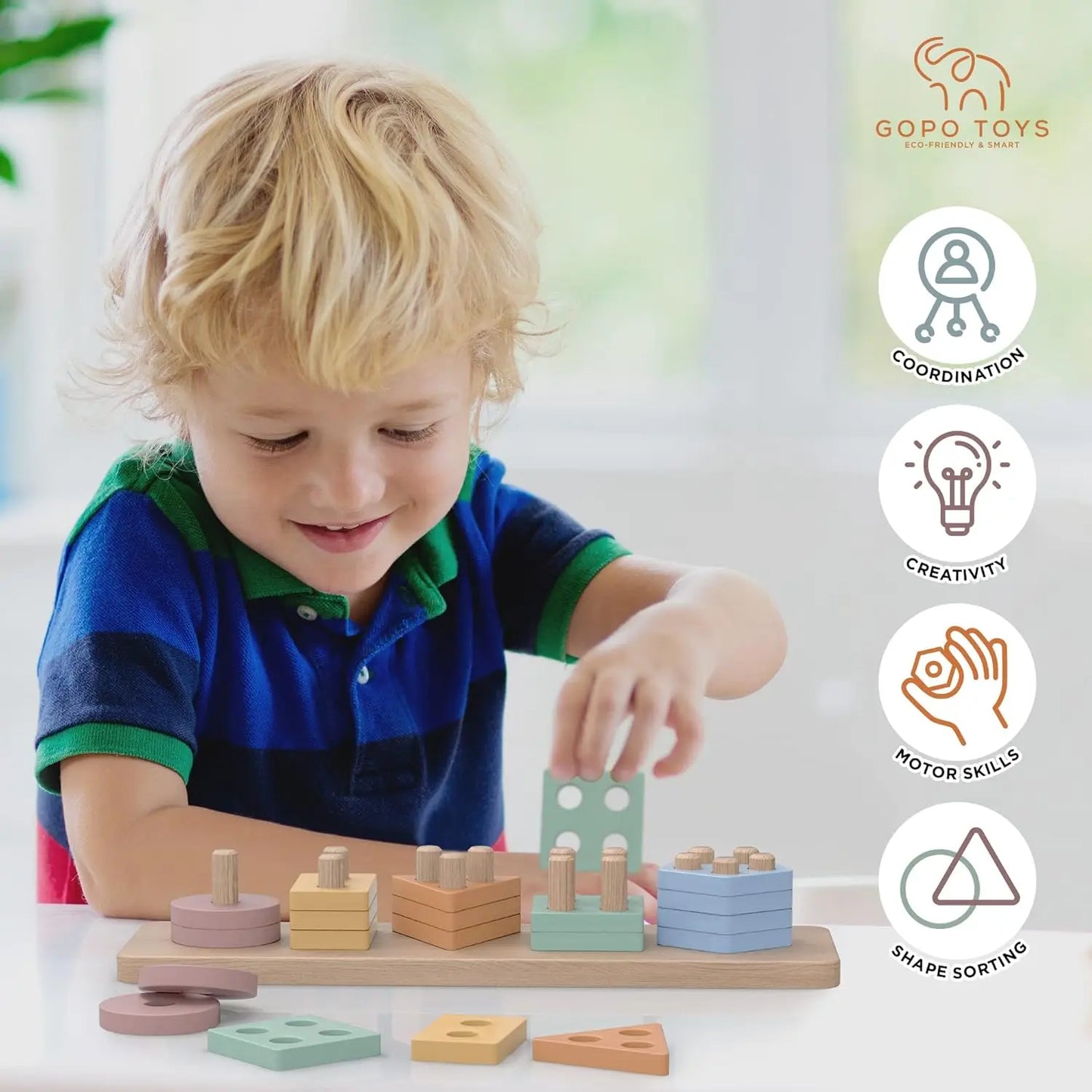 GOPO TOYS Montessori Toys for 18+ Months Old - Toddlers Wooden Sorting and Stacking Toys for Baby Boys and Girls - Shape Sorter