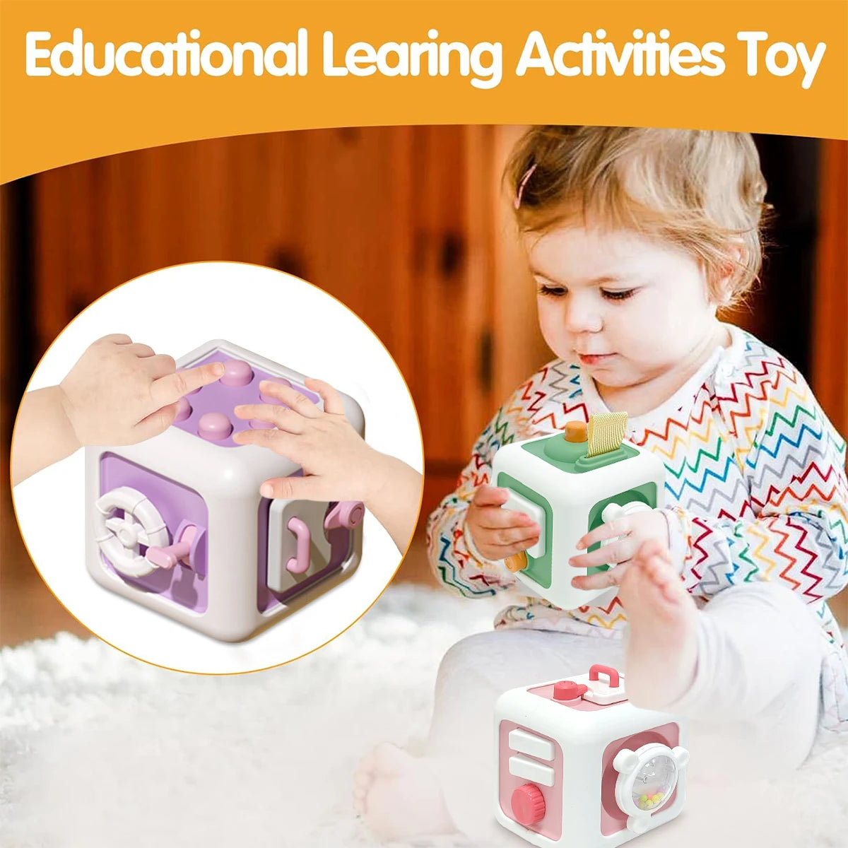 6 in 1 Montessori Activity Cube Baby Toys Sensory Busy Board Travel Toy Educational Learning Basic Life Skills Toys for Toddler