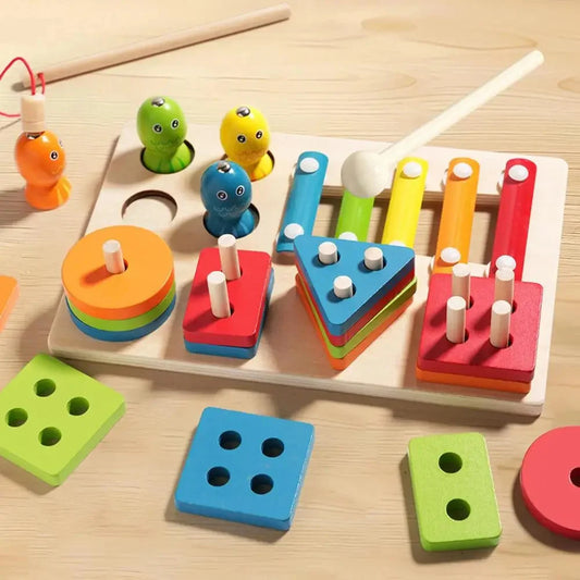 Sort & stack wood shapes with xylophone & fishing board FUN