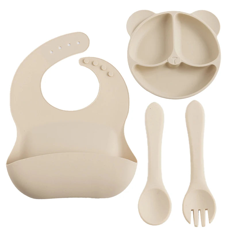 5pcs set with suction plate, spoon, fork, bib & removable straw BASIC