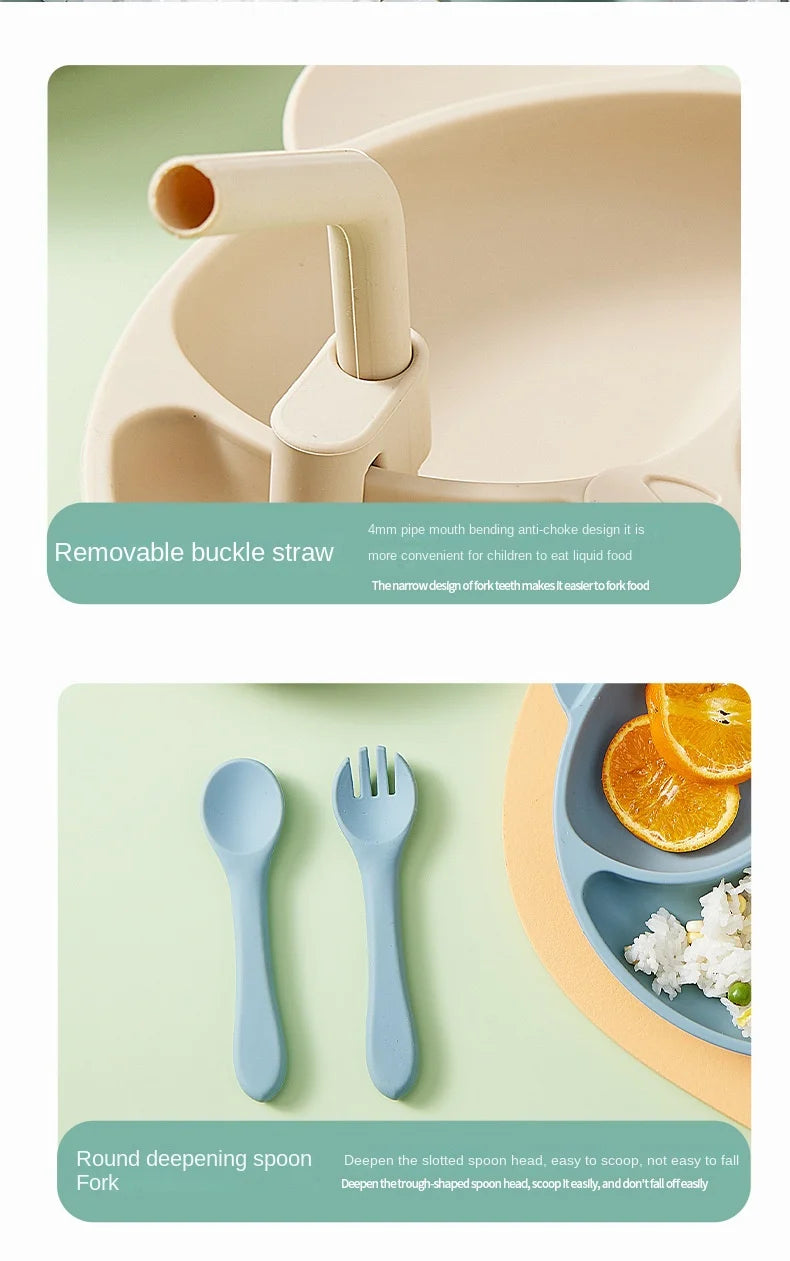 5pcs set with suction plate, spoon, fork, bib & removable straw BASIC