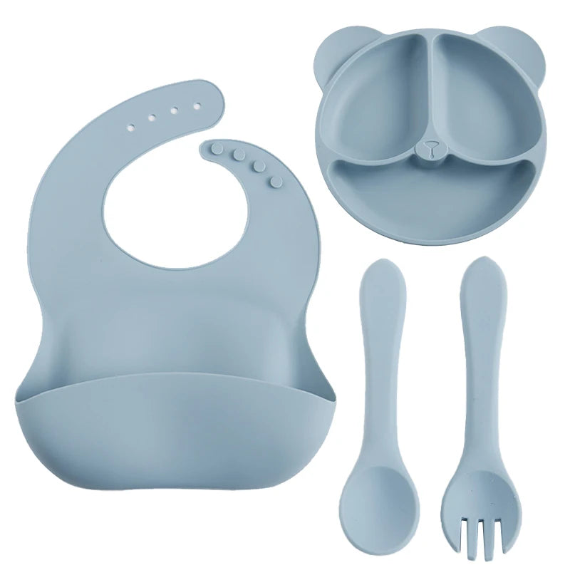 5pcs set with suction plate, spoon, fork, bib & removable straw BASIC