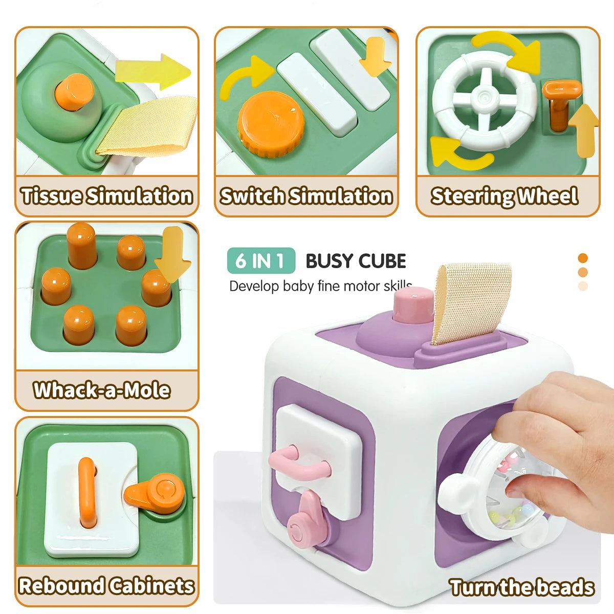 6 in 1 Montessori Activity Cube Baby Toys Sensory Busy Board Travel Toy Educational Learning Basic Life Skills Toys for Toddler