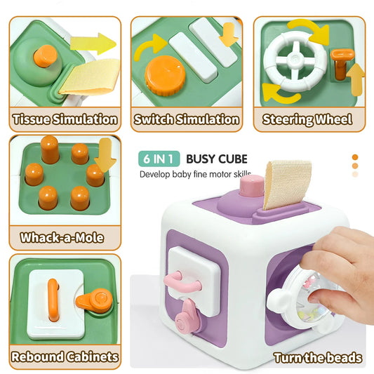 6 in 1 Montessori Activity Cube Baby Toys Sensory Busy Board Travel Toy Educational Learning Basic Life Skills Toys for Toddler