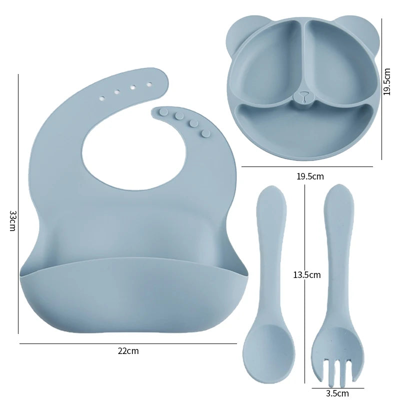 5pcs set with suction plate, spoon, fork, bib & removable straw BASIC