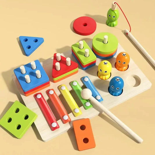 Sort & stack wood shapes with xylophone & fishing board FUN